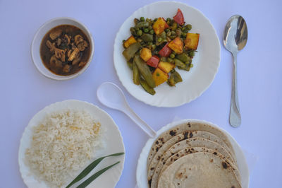 High angle view of breakfast served on table