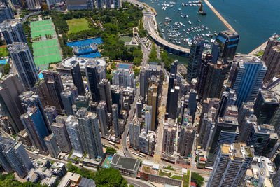 High angle view of modern buildings in city