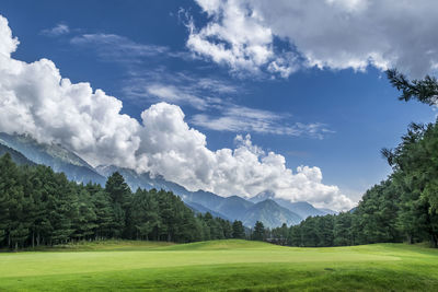 Scenic view of green landscape against sky