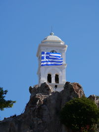 Low angle view of building against clear blue sky