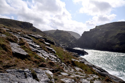 Scenic view of river and mountains against sky