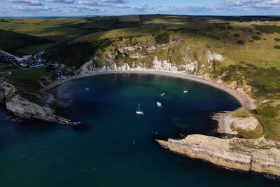 High angle view of sea and rocks