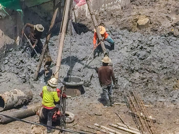 High angle view of men working