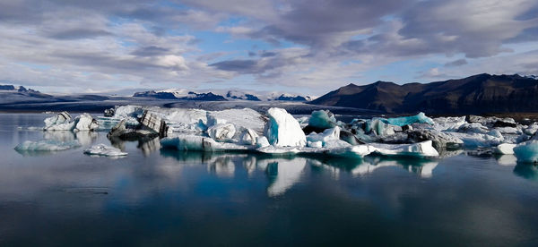 Panoramic view of frozen lake against sky