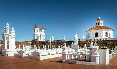 Low angle view of cathedral against clear blue sky