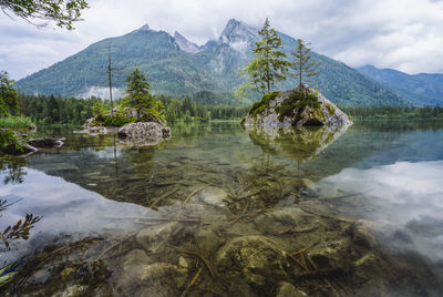 Scenic view of lake and mountains against sky