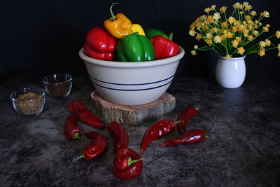 Red chili peppers on table