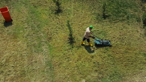 High angle view of man in field