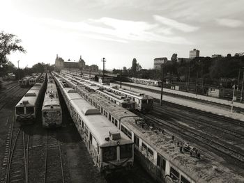 High angle view of train on railroad tracks against sky