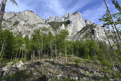 Low angle view of rocks on mountain against sky