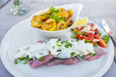 Close-up of food in plate on table