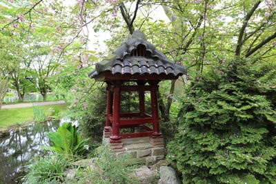 Gazebo against trees in forest