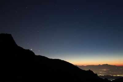 Silhouette landscape against stars on sky