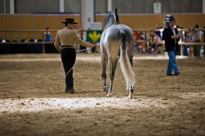 Rear view of people walking on land