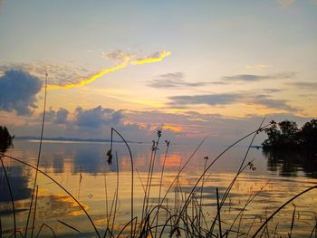 Scenic view of lake against sky during sunset