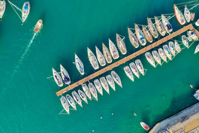 High angle view of boats in sea