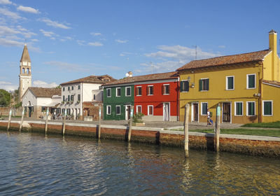 Buildings by river against sky