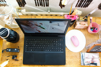 High angle view of laptop on table