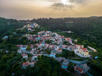 High angle view of townscape against sky during sunset