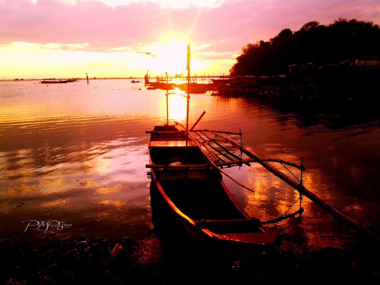 sunset, nautical vessel, water, boat, transportation, moored, mode of transport, reflection, sky, tranquility, tranquil scene, beauty in nature, scenics, orange color, nature, sea, sun, cloud - sky, lake, idyllic