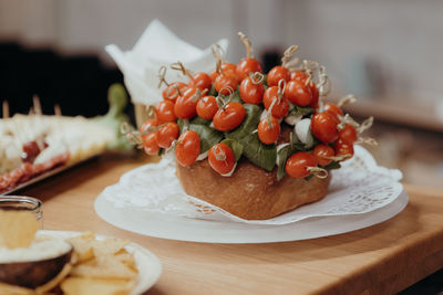 Close-up of fruit salad in plate on table