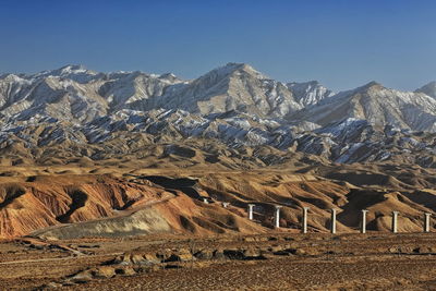 Aerial view of snowcapped mountains against clear sky