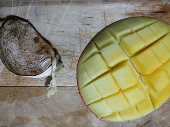 High angle view of chopped slices on cutting board