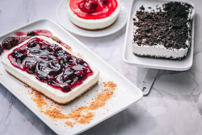 High angle view of cake in plate on table