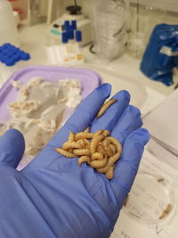 High angle view of hand holding food on table