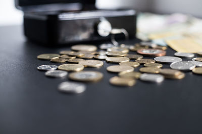 Close-up of coins on table