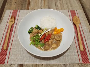 High angle view of food served on table