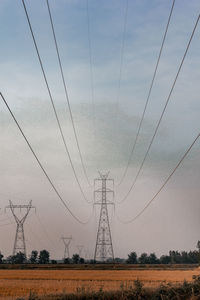 High voltage poles and wires in rural rice fields