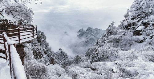 Scenic view of snow covered mountains against sky