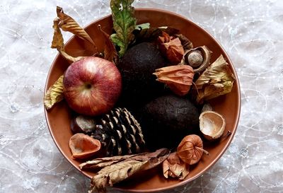 High angle view of fruits in bowl on table