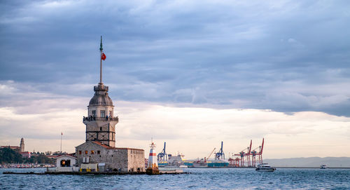 View of sea and buildings against cloudy sky