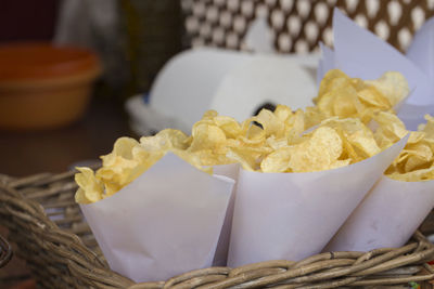 Close-up of cake in basket on table