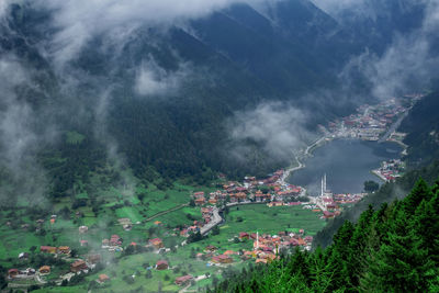 High angle view of buildings in city. uzungol landscape in trabzon.