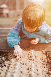 Spring planting seeding farm garden. little kid boy farmer gardener plants sow vegetable seeds soil