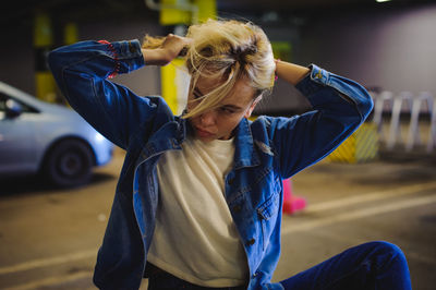 Woman sitting in basement