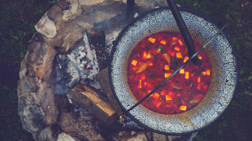 High angle view of food on barbecue grill