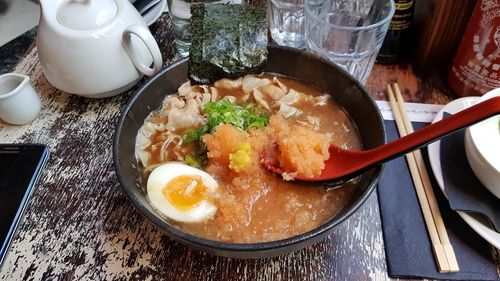 High angle view of soup in bowl on table