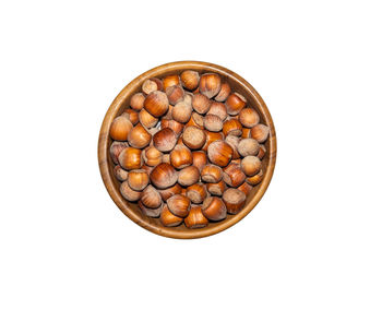 High angle view of bread in bowl against white background