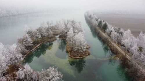 High angle view of frozen lake during winter