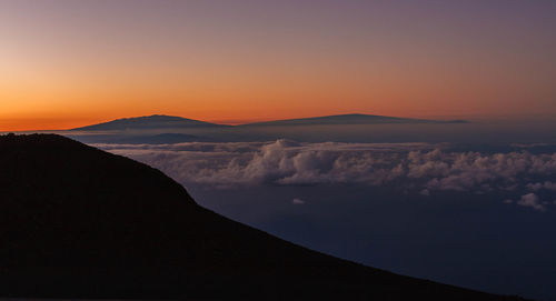 Scenic view of silhouette mountains against sky during sunset