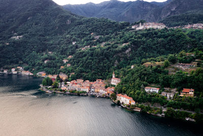 High angle view of town by river