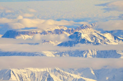 Aerial view of snowcapped mountains against sky