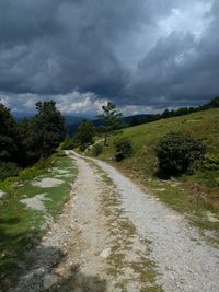 Dirt road passing through grassy field against cloudy sky