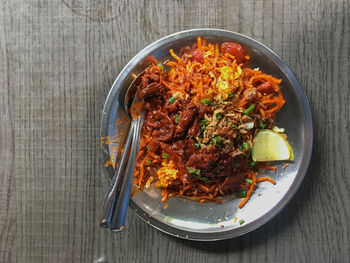 High angle view of food in bowl on table