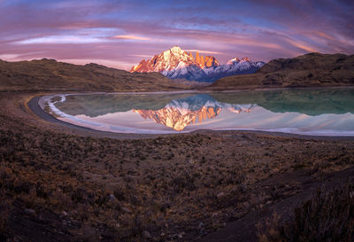 Scenic view of mountains against sky during sunset