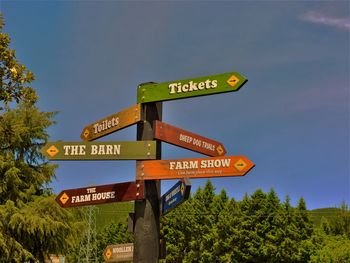 Low angle view of signboard against sky